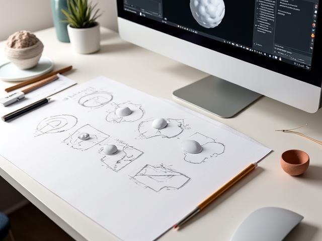 Designprozess mit Skizzen und 3D-Modell eines Keramikobjekts