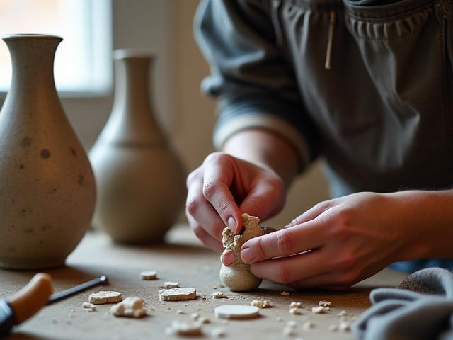Restaurator bei der Arbeit an einem historischen Keramikobjekt