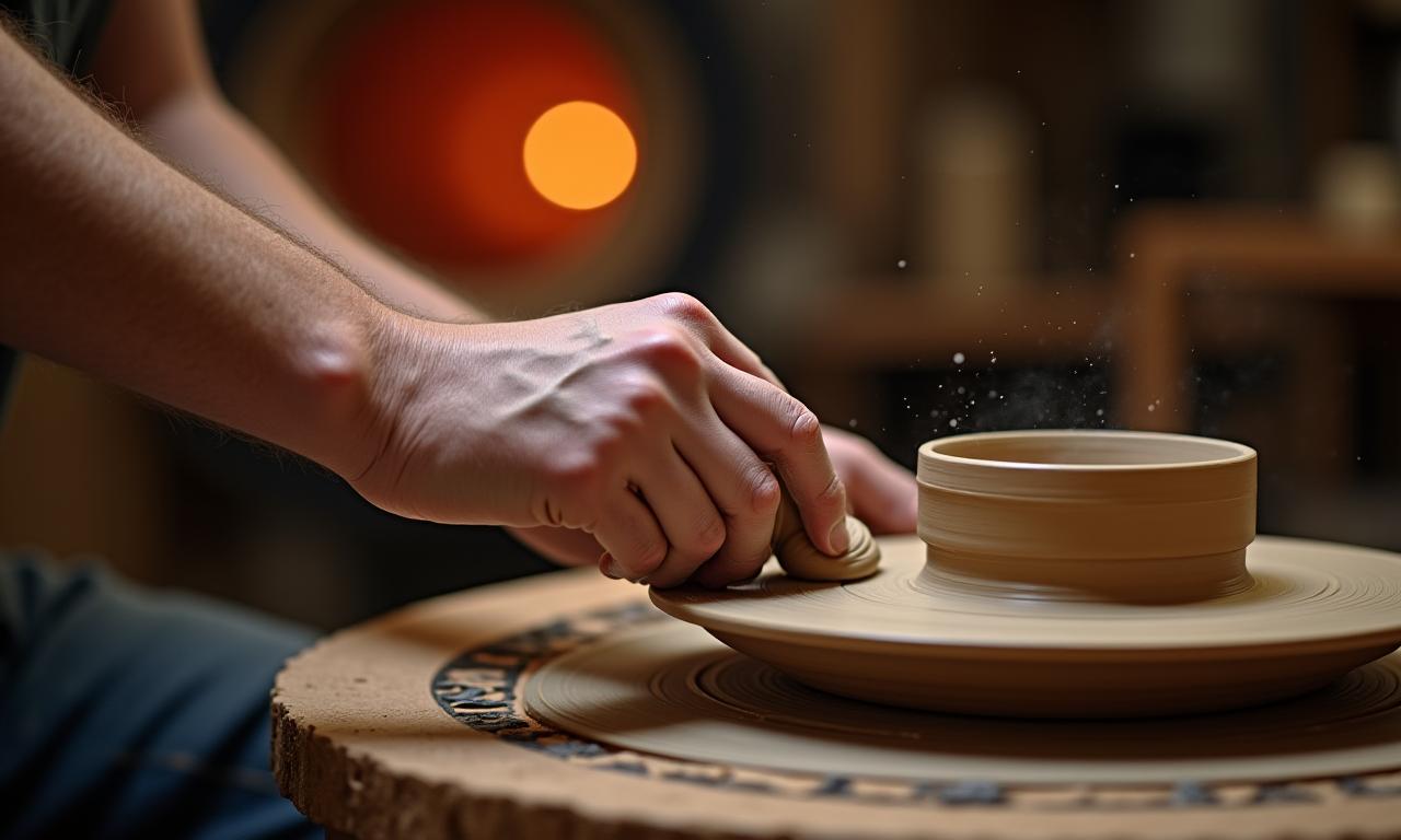 Tonwaren auf einer Töpferscheibe, die von Hand geformt werden, mit Glasbläserei im Hintergrund