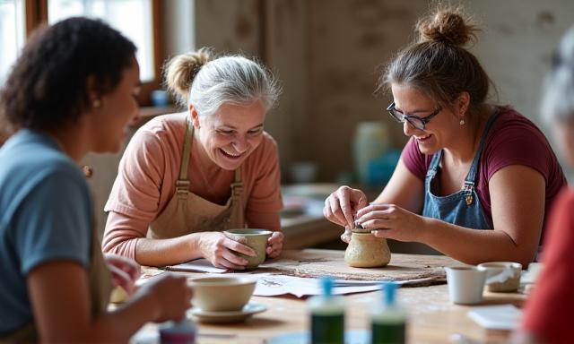 Personen, die an einer Töpferscheibe arbeiten und Glas blasen in einem Kreativworkshop